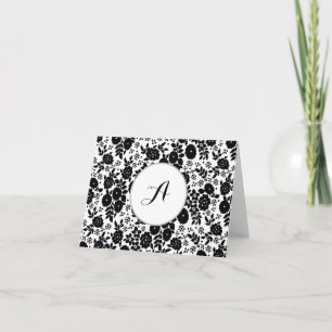 Custom Monogram Flower Pattern Black and White Thank You Card