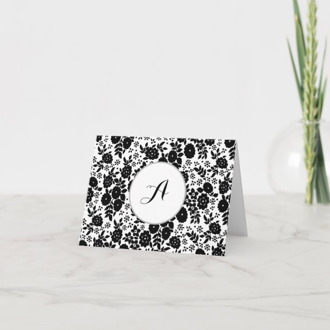 Custom Monogram Flower Pattern Black and White Thank You Card (Front)