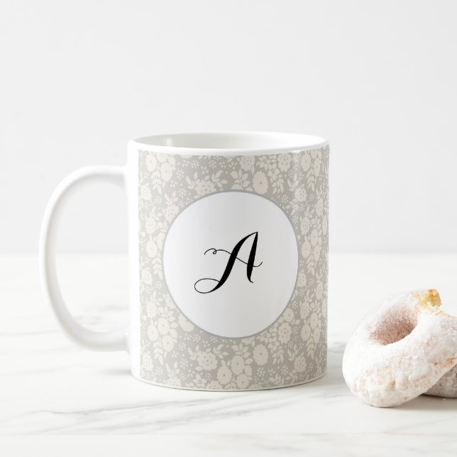 Custom Monogram Flower Pattern Grey Coffee Mug (With Donut)