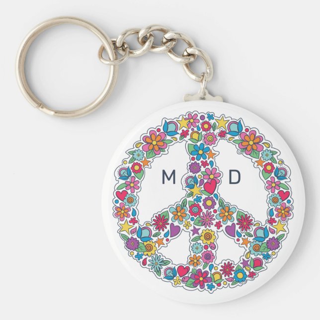 Custom Monogram Flower Peace Sign Key Ring (Front)