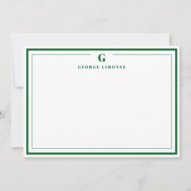 Custom Monogram Forest Green Border Stationery  Card (Front)