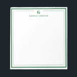 Custom Monogram Forest Green Border Stationery  Notepad<br><div class="desc">Make a lasting impression with this elegant personalized stationery, featuring a bold forest green monogram and name in classic serif type. Framed by a double-line border for a refined touch, this flat note card is perfect for thank you notes, personal messages, or professional correspondence. Ideal for gifting or adding a...</div>