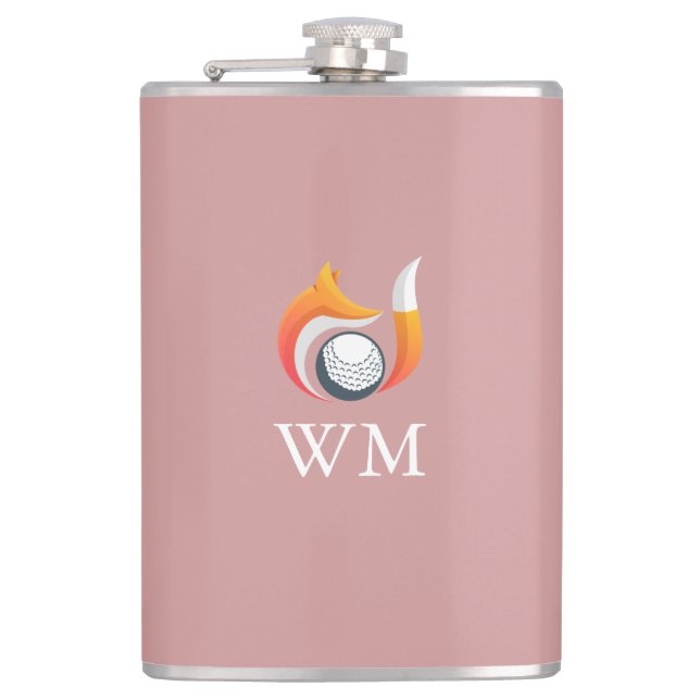 Custom Monogram Fox And Golf Ball Dusty Rose Pink Hip Flask (Front)