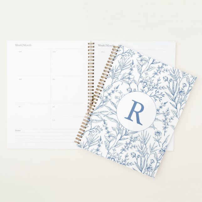 Custom Monogram French Toile Blue Floral 2027 Planner (Display)