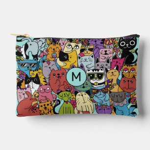 Custom Monogram Funny Cats Illustration Accessory Pouch