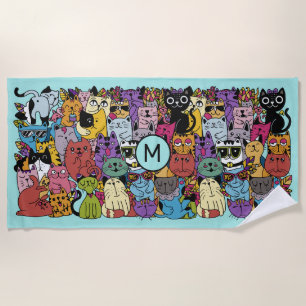 Custom Monogram Funny Cats Illustration Beach Towel