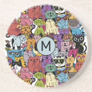 Custom Monogram Funny Cats Illustration Coaster