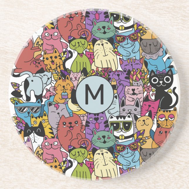 Custom Monogram Funny Cats Illustration Coaster (Front)