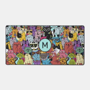 Custom Monogram Funny Cats Illustration Desk Mat