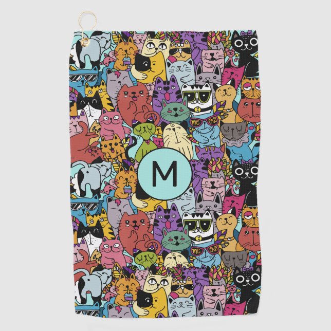 Custom Monogram Funny Cats Illustration Golf Towel (Front)
