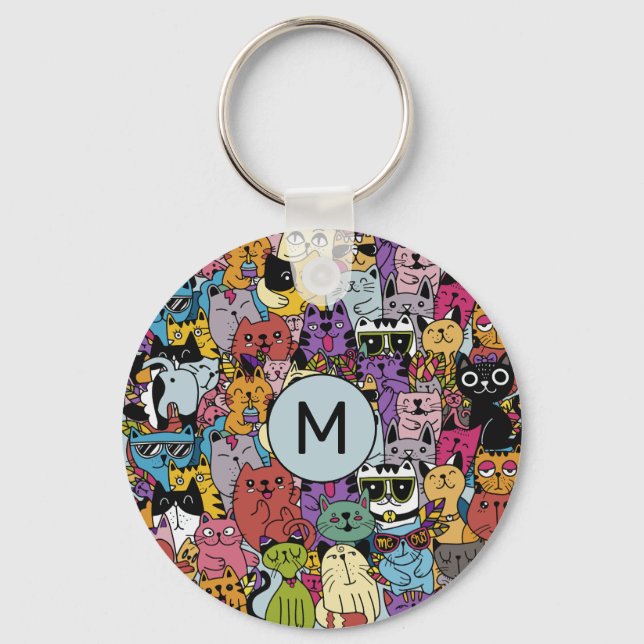 Custom Monogram Funny Cats Illustration Key Ring (Front)