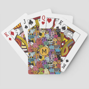 Custom Monogram Funny Cats Illustration Playing Cards