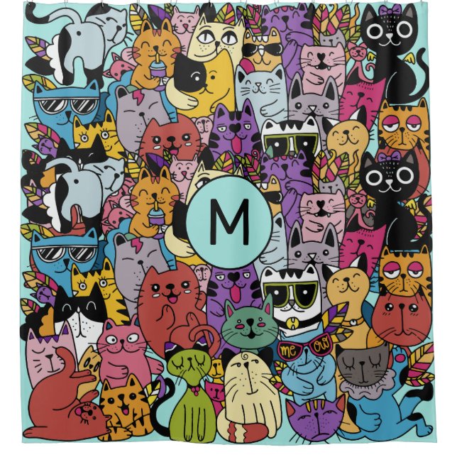 Custom Monogram Funny Cats Illustration Shower Curtain (Front)