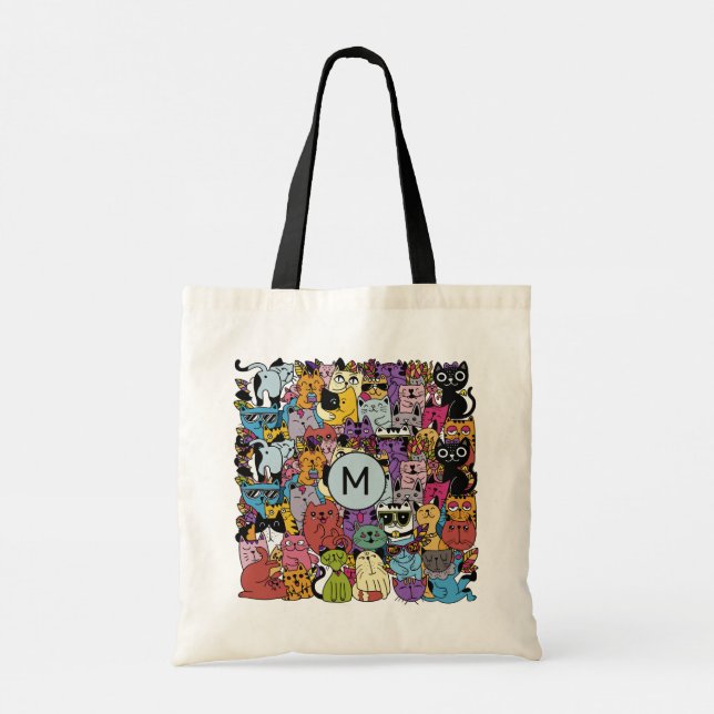 Custom Monogram Funny Cats Illustration Tote Bag (Back)