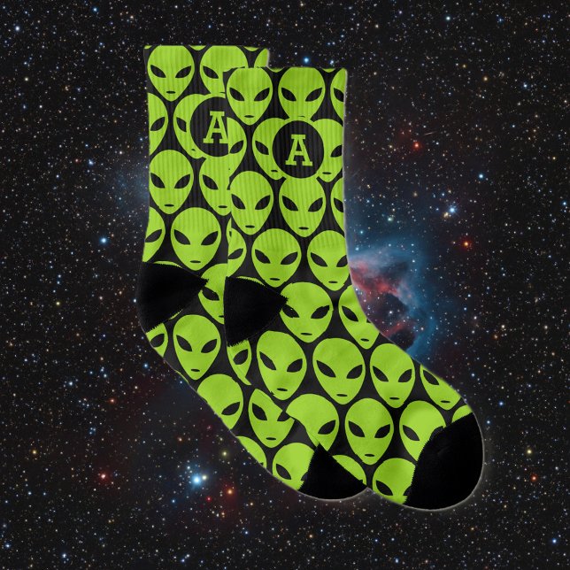 Custom monogram funny green alien print gift socks (green alien socks)