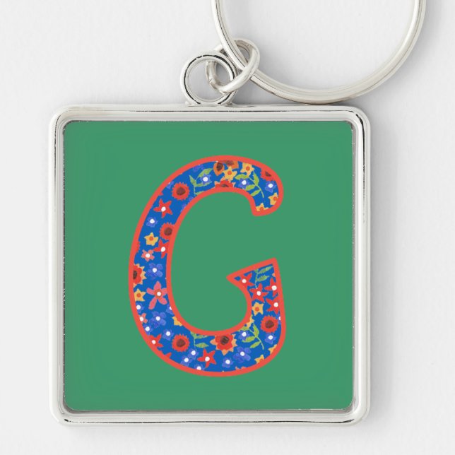 Custom Monogram G Keychain, Ditsy Floral Pattern Key Ring (Front)