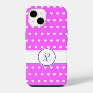 Custom Monogram Girly Pink With Cute White Hearts iPhone 14 Case