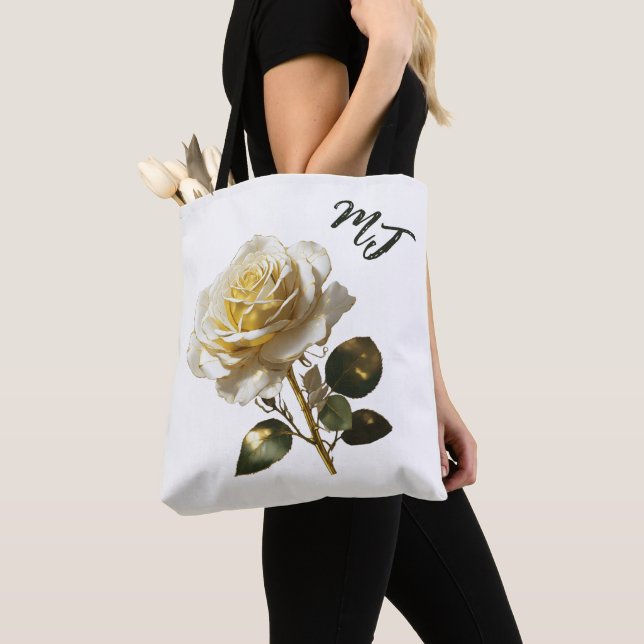 Custom Monogram Gold And White Rose Tote Bag (Close Up)
