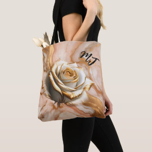 Custom Monogram Gold And White Rose Tote Bag