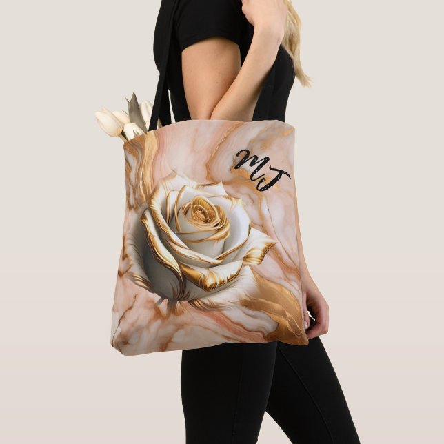 Custom Monogram Gold And White Rose Tote Bag (Close Up)