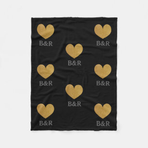 Custom monogram gold glitter heart fleece blanket