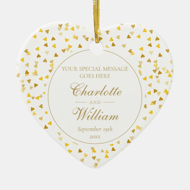 Custom Monogram Gold Hearts Confetti Wedding Ceramic Ornament (Front)