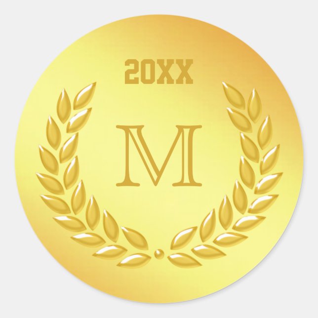  Custom Monogram Gold Laurel Wreath Classic Round Sticker (Front)