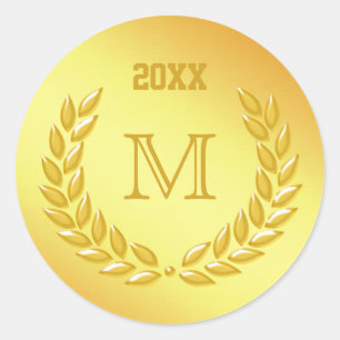 Custom Monogram Gold Laurel Wreath Classic Round Sticker