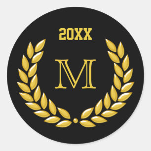Custom Monogram Gold Laurel Wreath on Black Classic Round Sticker