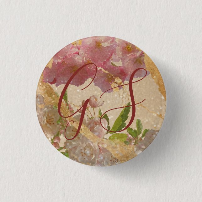 Custom Monogram Gold Shimmer Floral Decoupage 3 Cm Round Badge (Front)