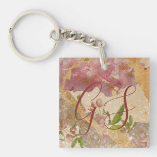 Custom Monogram Gold Shimmer & Pink Floral Design Key Ring