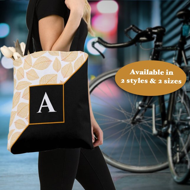 Custom Monogram Gold Yellow Leaf Pattern Diagonal Tote Bag (This easy to personalize diagonal designed tote is ready for personalization as a gift for for you. )