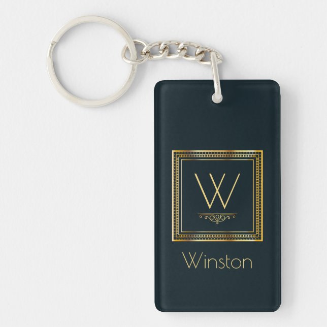 Custom Monogram Golden on Dark Blue Key Ring (Front)