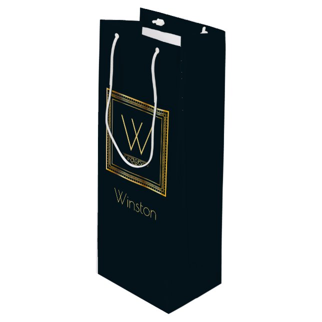 Custom Monogram Golden on Dark Blue Wine Gift Bag (Front Angled)