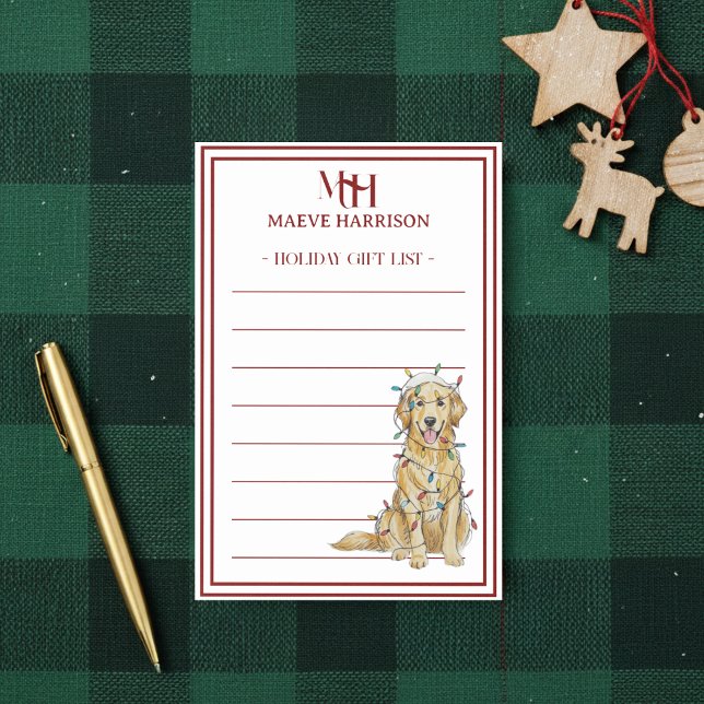 Custom Monogram Golden Retriever Holiday Gift List Post-it Notes (Gift custom holiday stationery to the dog lover in your life!)