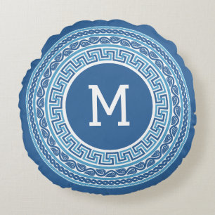 Custom Monogram Greek Pattern Round Cushion