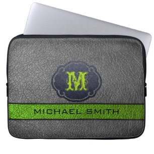Custom Monogram Green and Black Leather Laptop Sleeve
