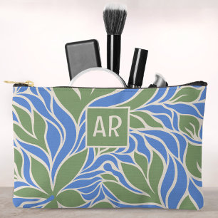 Custom Monogram Green & Blue Modern Floral Pattern Accessory Pouch