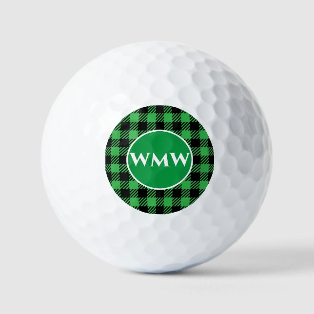 Custom Monogram Green Buffalo Plaid Golf Ball (Front)