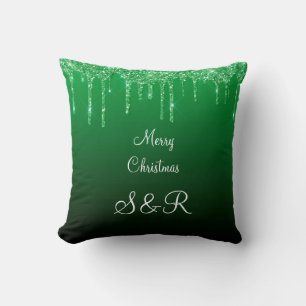 Custom Monogram Green Christmas Glitter Drips Cushion