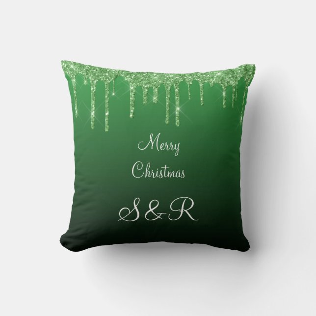 Custom Monogram Green Christmas  Glitter Drips Cushion (Front)
