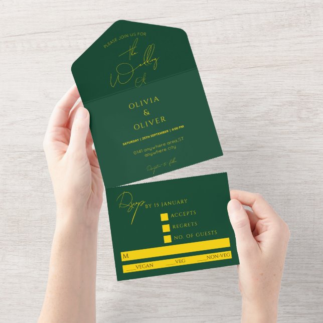 Custom monogram green gold typography wedding  all in one invitation (Tearaway)