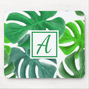 Custom Monogram Green Leaves Mouse Pad