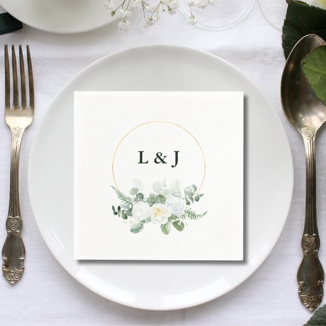 Custom Monogram Greenery Gold Initials Wedding Napkin (Creator Uploaded)