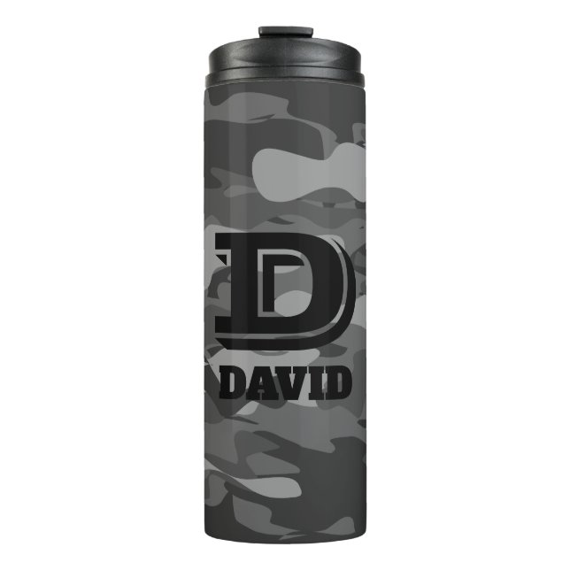 Custom monogram grey army camo thermal travel mug (Front)