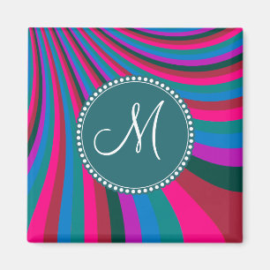 Custom Monogram Groovy Magenta Blue Stripes Magnet