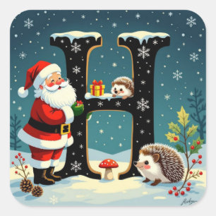 Custom monogram H Santa hedgehog snowflake Square Sticker