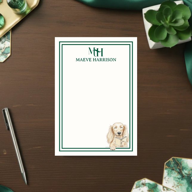Custom Monogram Hand Drawn Dachshund Reading Post-it Notes (Gift custom stationery to the dog lover in your life! )