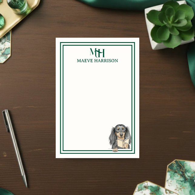 Custom Monogram Hand Drawn Dachshund Reading Post-it Notes (Gift custom stationery to the dog lover in your life! )