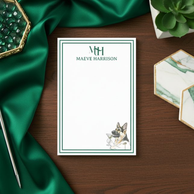 Custom Monogram Hand Drawn German Shepherd Post-it Notes (Gift custom stationery to the dog lover in your life!)